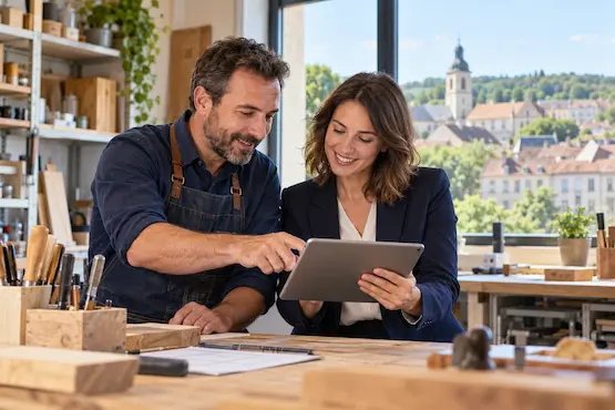Annuaire généraliste professionnel – 35 – Ille-et-Vilaine et Rennes Un artisan et une conseillère consultent une tablette dans un atelier lumineux.
